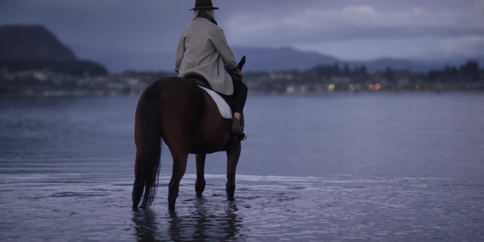 A woman rides a horse into a shallow body of water