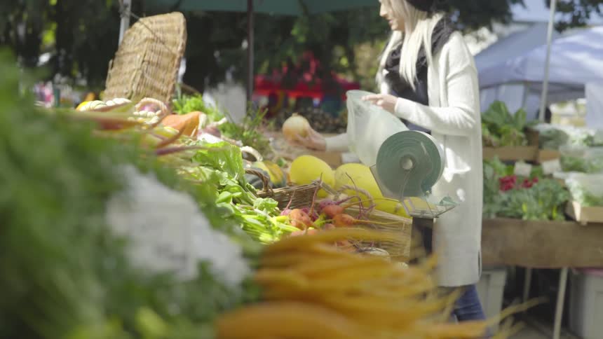 A woman shops for vegetables at an outdoor market