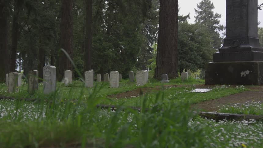 Headstones and monuments in graveyard