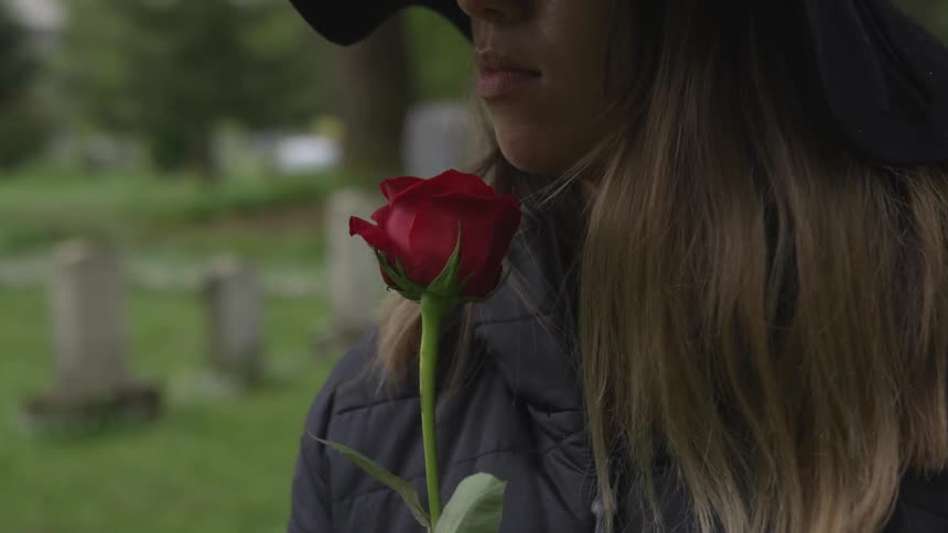 A woman holds a rose standing in a cemetery