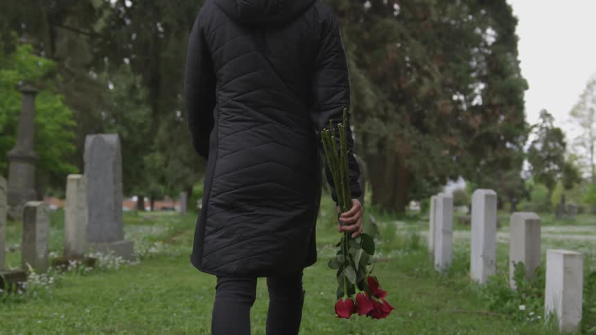 A person is carrying roses in the cemetery