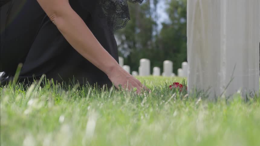 A woman wearing black shoes and dress lays a rose at a headstone in a cemetery