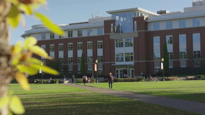 People walk towards the school campus building