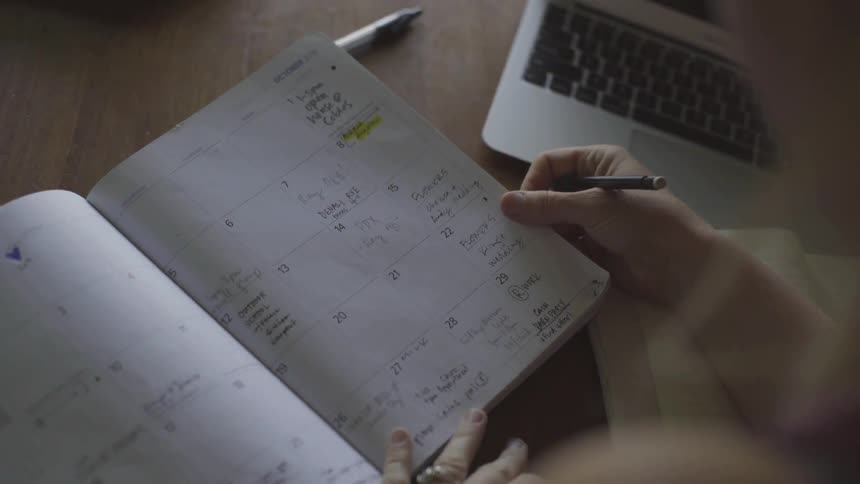 Woman goes through pages in a planner