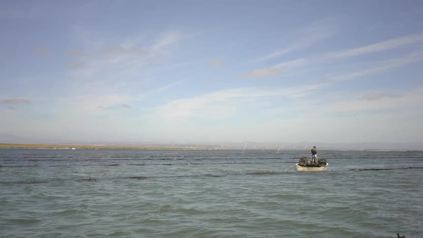 A man stands on a boat on a lake