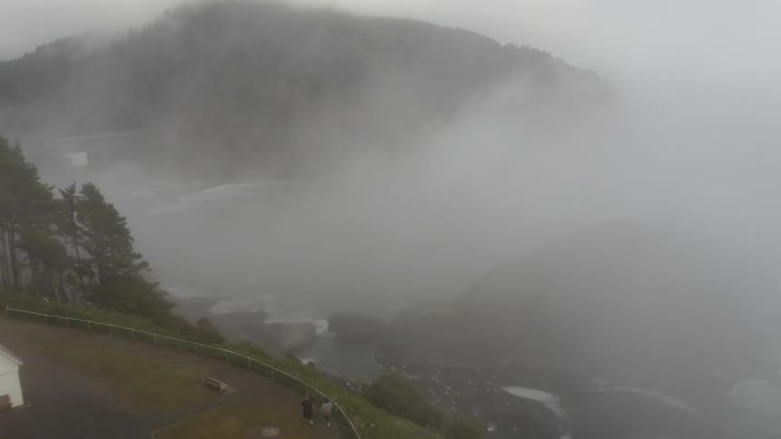 A flock of birds flies near a lighthouse on a foggy coast