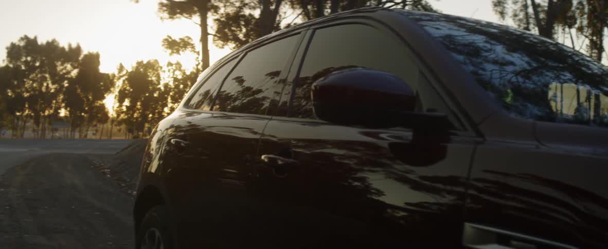Car stops and man wearing suit gets out of car while the sun goes down