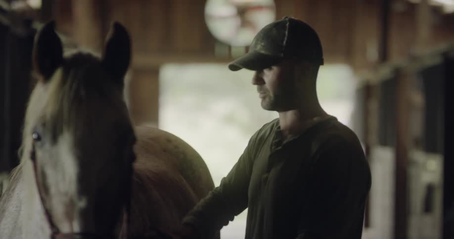 Man talking and brushing a horse in a barn