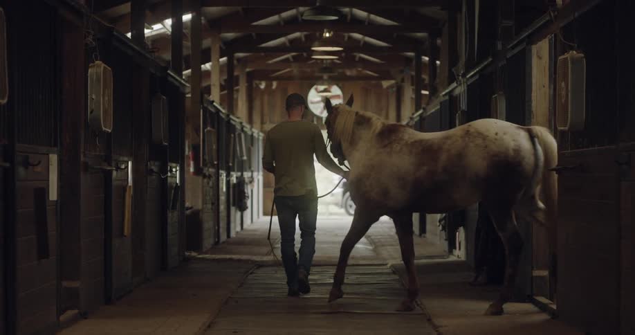 A man leading a horse out of a stable