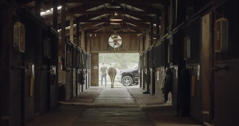 A man leads a horse out of the barn