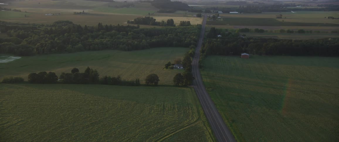 The camera flies over farm lands and a road