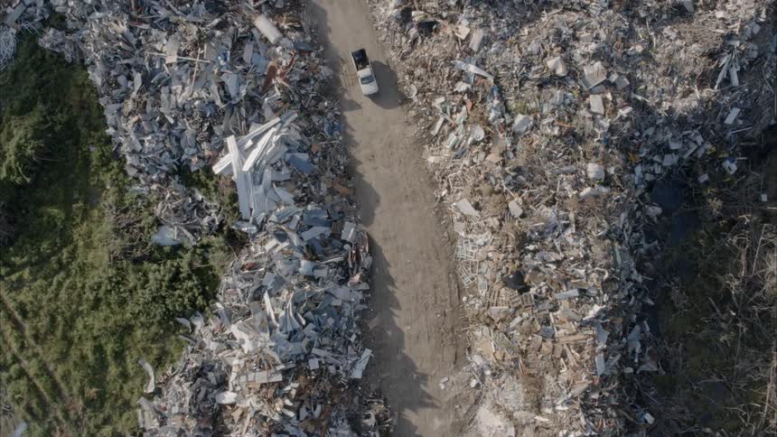 The camera looks down on piles of rubble with a road going between and truck driving