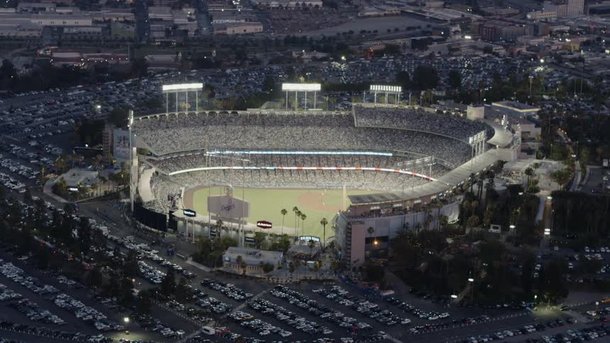Bright lights illuminate Dodger Stadium at night