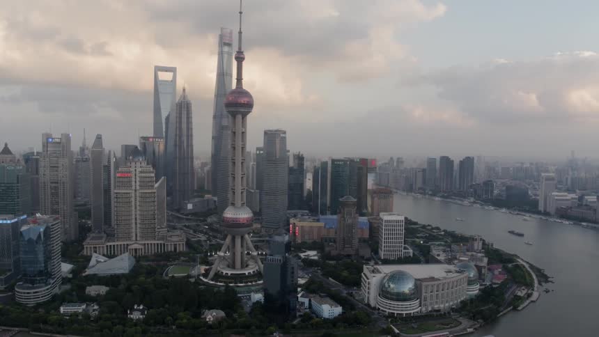 Aerial shot of the Oriental Pearl Tower and the Shanghai skyline