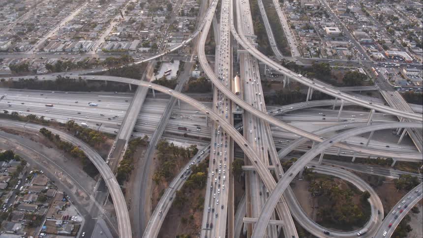 Aerial view of complex highway overpasses