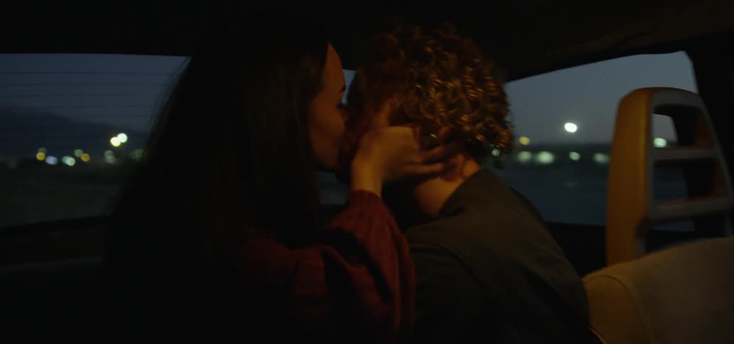A young couple is making out in a car at night