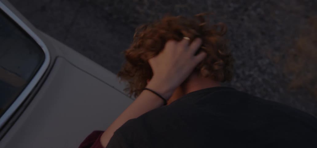 A woman grabs a man's hair as he kisses her on top of a car