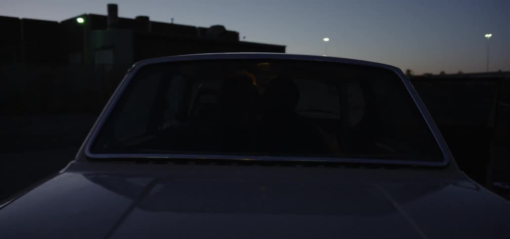 A man and a woman sitting in the backseat of a car in the dark kissing