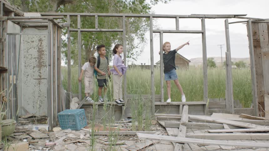 Children play in a ruined house in the countryside on a cloudy and windy day