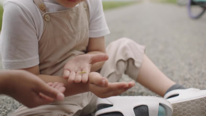 A young boy holds an inch worm in his hands