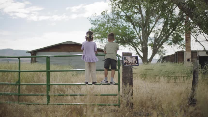 Two children climb a gate on a farm on a windy day