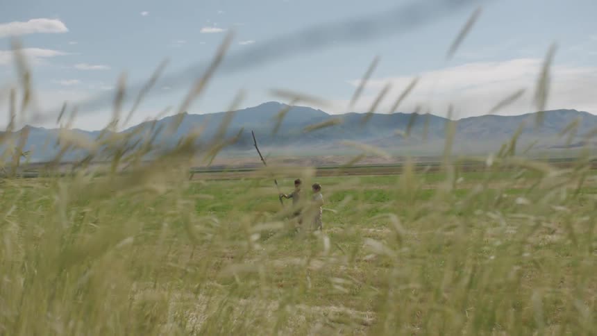 Two children play with a long stick on the plain during a sunny day