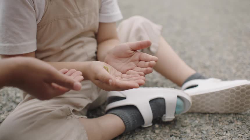 A young child sits on the ground with a caterpillar in his hands