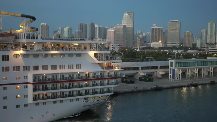 A cruise ship docked by a city