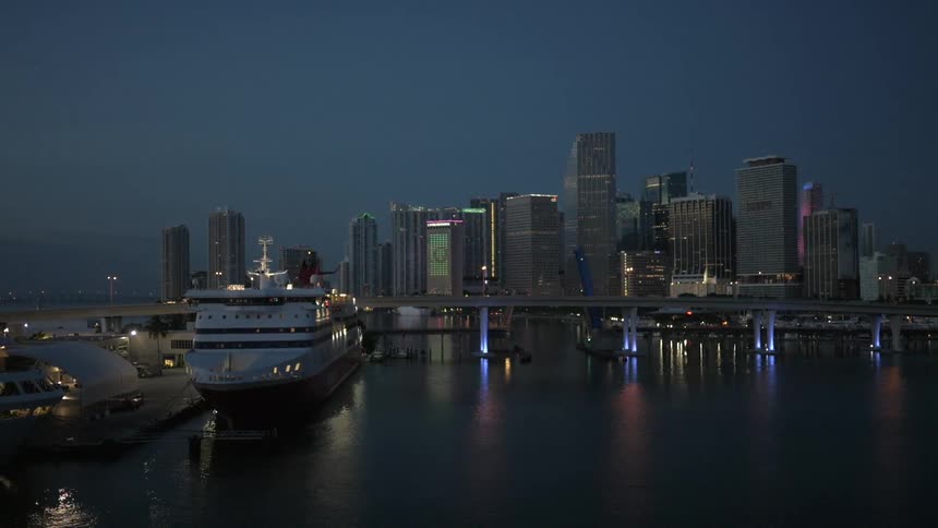 Ships docked in front of a city skyline at night