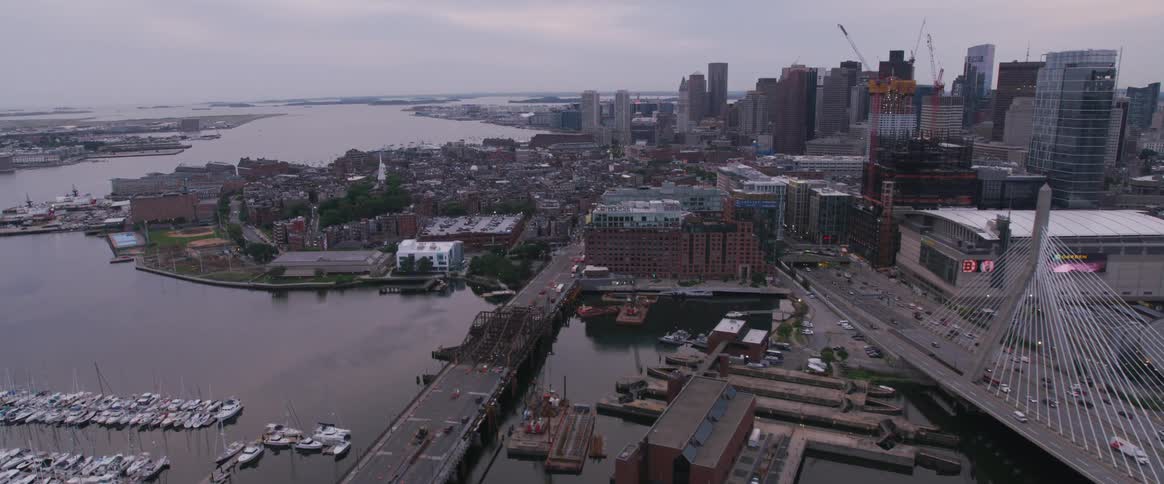Aerial view of a city at dusk