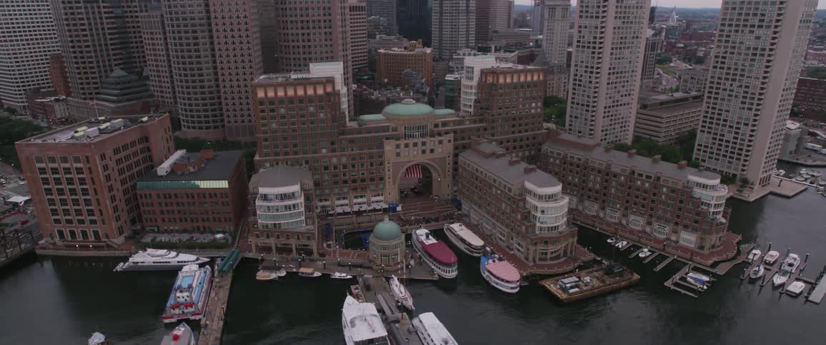 Aerial view of boston harbor hotel and boston skyline