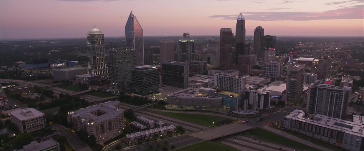 Aerial view of charlotte north carolina skyline at sunset