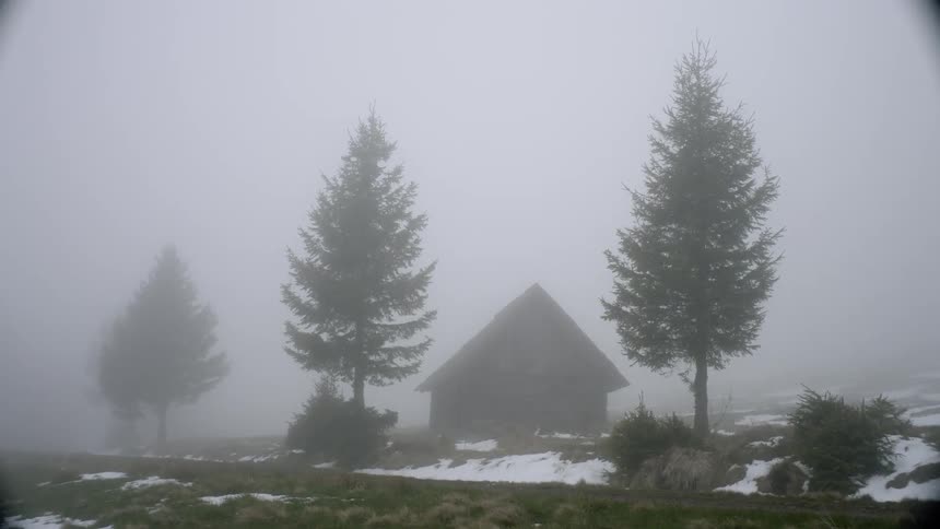 A small cabin sits on the foggy field