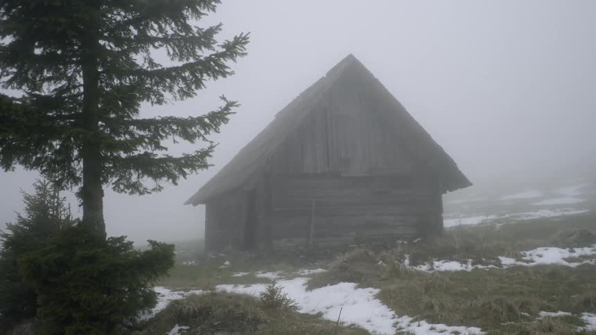 Rustic cabin in clearing in wintertime fog with snow on ground