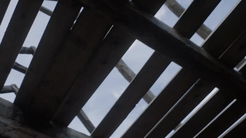 The framing of a house and roof can be seen above