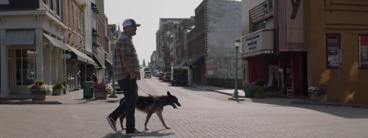 A man is walking his dog across street