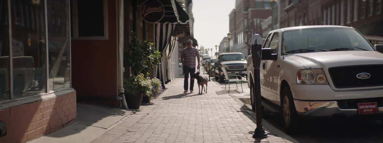 A man walks his dog down the sidewalk