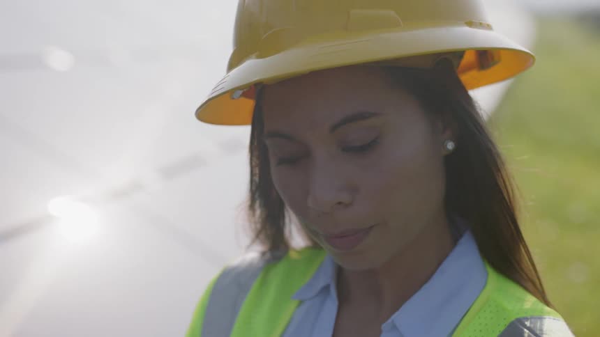 A black woman in a hard hat looks down