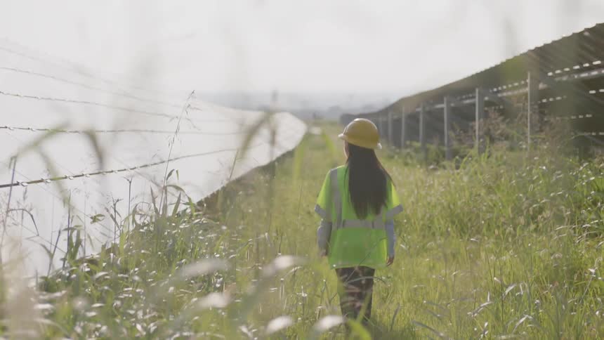 A woman in a hard hat and reflective vest walking through tall grass near a structure