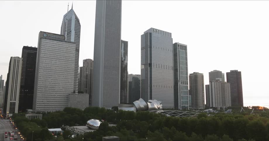 Skyscrapers border park and neighborhood