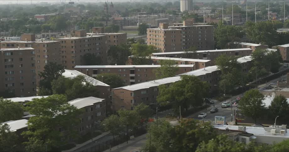 Buildings forming triangular courtyards in city