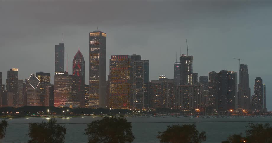 An aerial view of a skyline at dusk