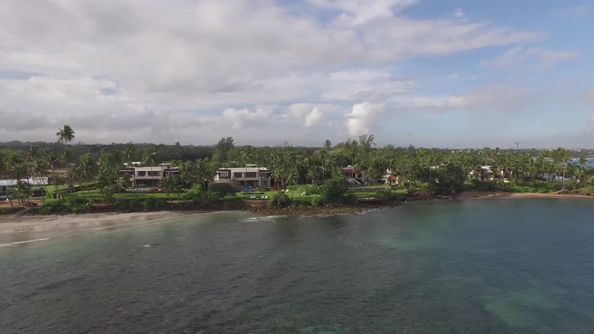 A coastal town has palm trees around the homes
