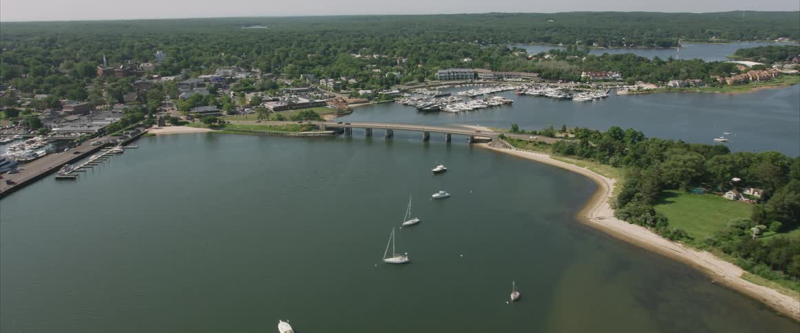 An aerial view of lakes boats on water and houses surrounded by trees