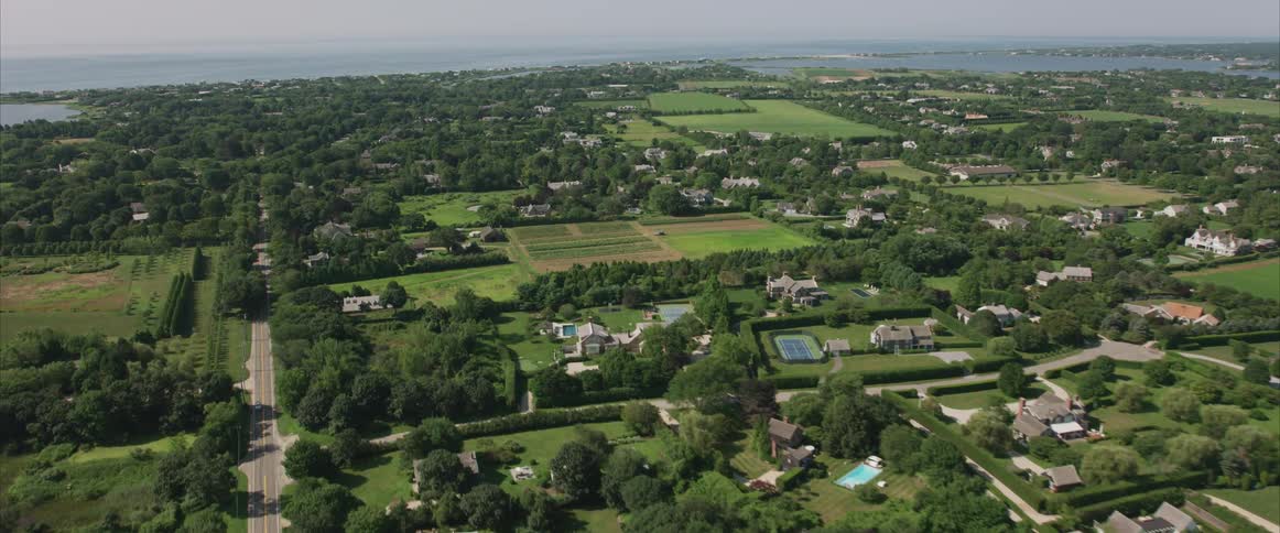 A sprawling town filled with residential homes and green trees is located next to a large body of water