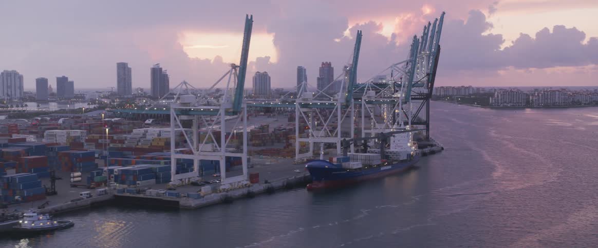 A shipyard and harbor is seen at the edge of the water next to a metropolitan area and it has many large cranes for unloading the payload of shipping boats