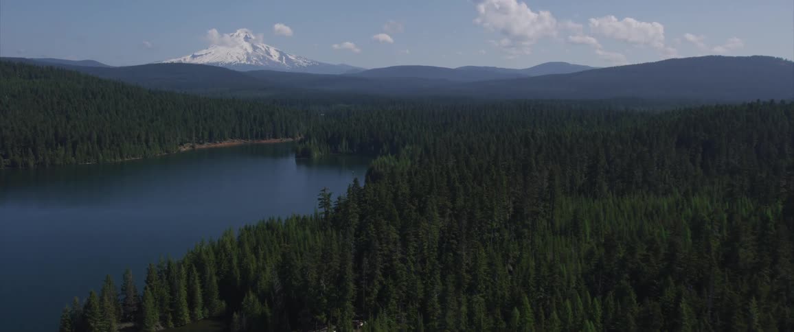 An large lake can be seen tucked deep within a large forest at the base of some mountains