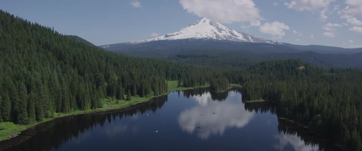 Lake in a forest with mountains on the horizon