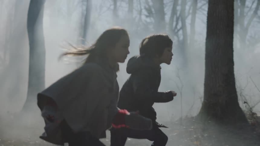 Two children race through the woods on a foggy day