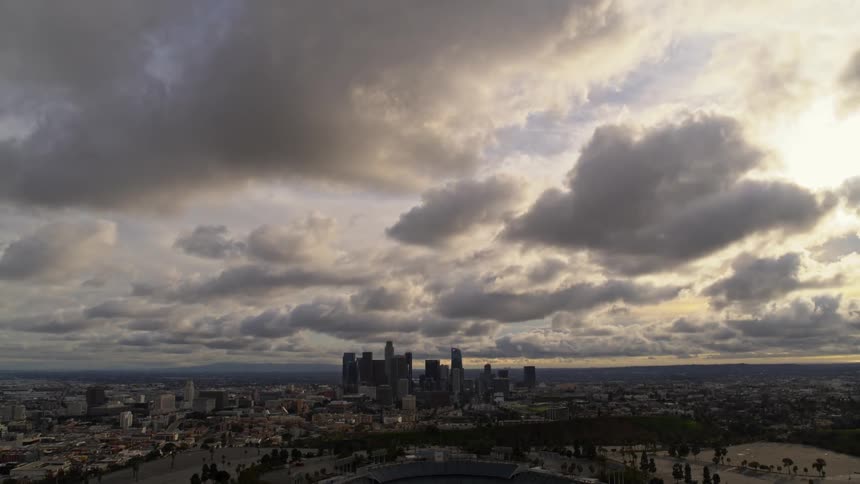 Skyline of the city with tall skyscrapers on a cloudy day